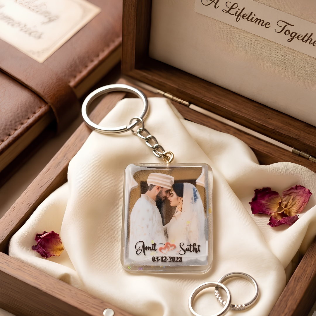 Personalized Resin Photo Keychain with Custom Names & Date | Handmade Couple Memory Keyring