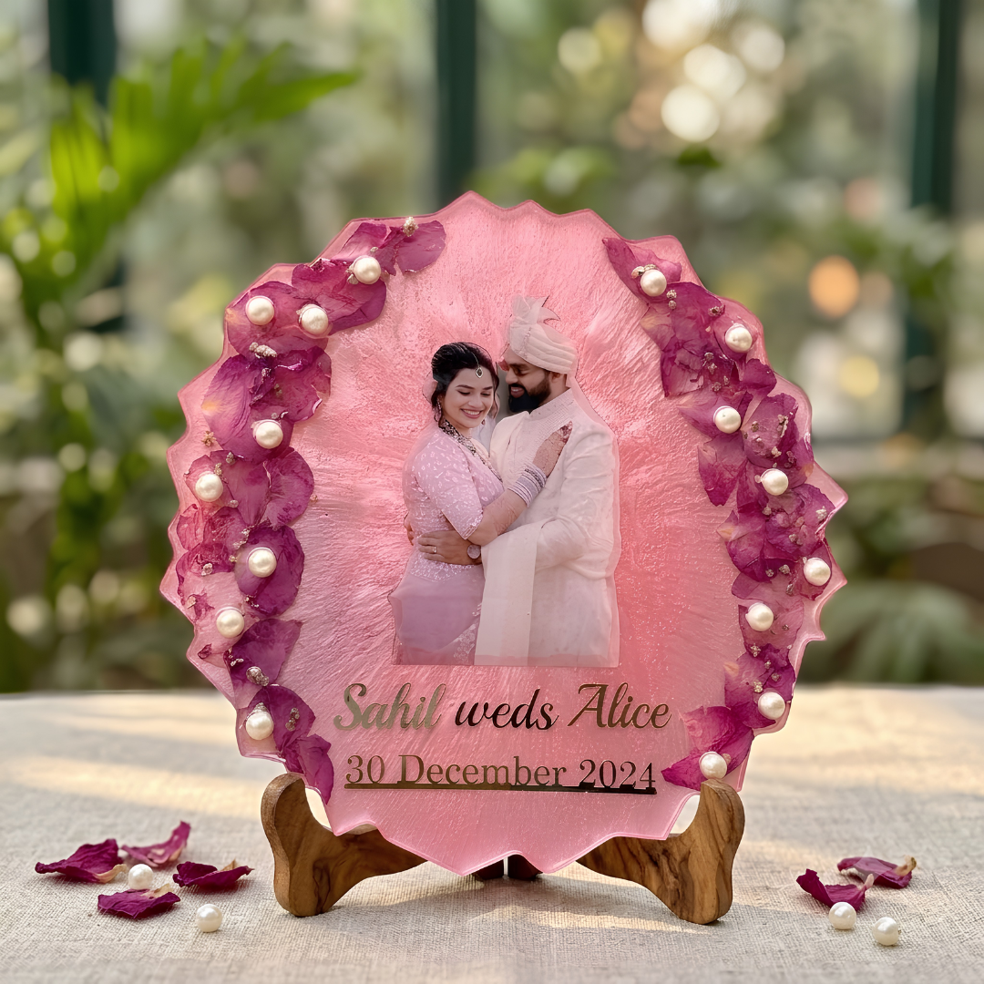 Personalized Handmade Pink Resin Wedding Photo Frame – Custom Couple Keepsake with Dried Flowers & Pearls
