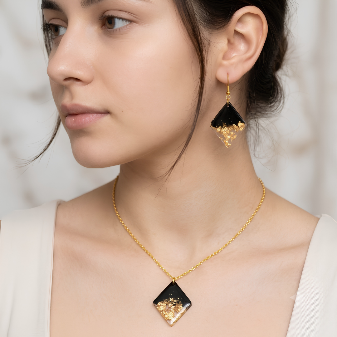 Handmade Black & Gold Resin Jewelry Set for Women