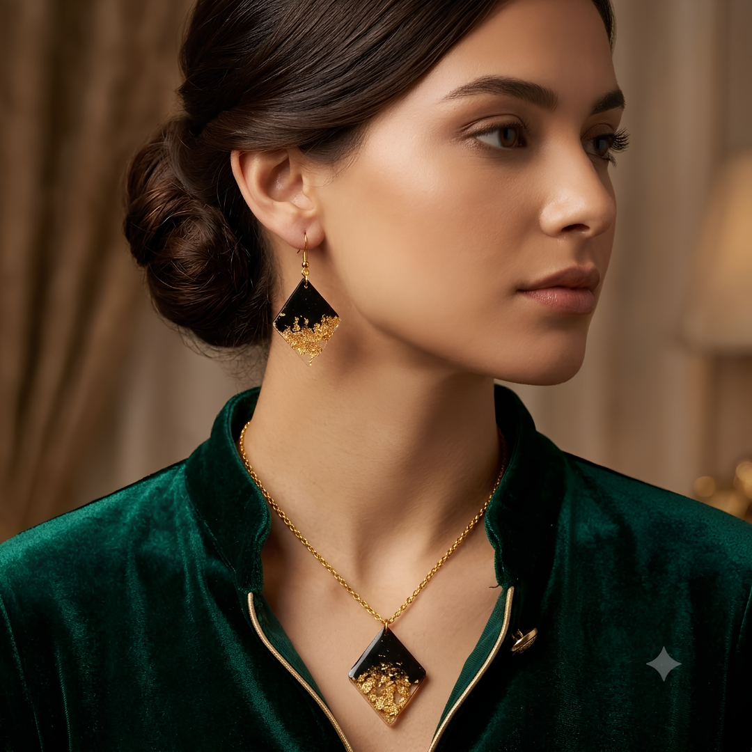 Handmade Black & Gold Resin Jewelry Set for Women