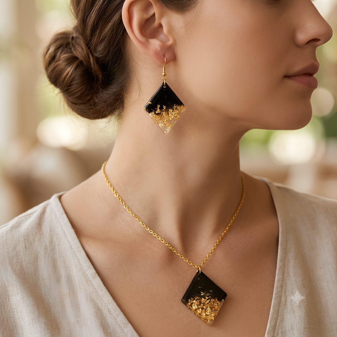 Handmade Black & Gold Resin Jewelry Set for Women